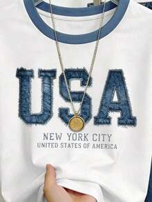 Nueva Colección 2026  Camiseta Casual de Manga Corta para Mujer en Azul Claro con Estampado de Corazón "One Day At A Time" - Poliéster Suave, Cuello Redondo, Lavable a Máquina, Esencial para la Moda Primavera/Verano, Camiseta para Uso Diario |   Camiseta de cuello redondo - Blanco - Ver 3