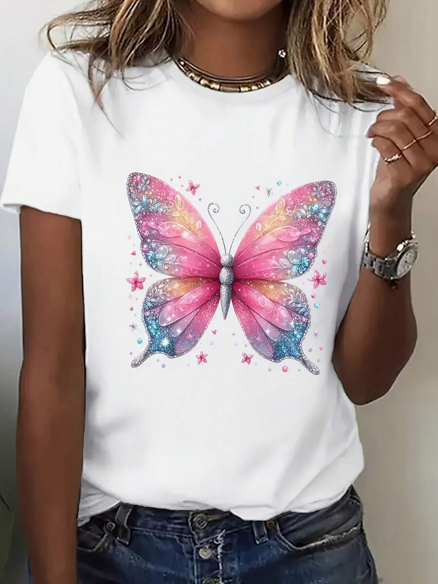 Women's Vintage Style Oversized Printed T-Shirt - Casual Short Sleeve Top, Soft Fabric For Spring And Summer, Round Neck Design, Spring And Summer Clothing | Butterfly Print Shirt | Durable Shirt - [白色的] - 查看 1