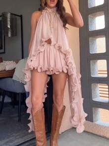 Women's Spring/Summer Solid Color Elegant Ruffled Sleeveless Short Dress Set Casual Vacation Chiffon Two-Piece Set - 粉色 - 查看 4