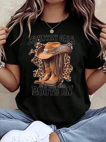 ropa de mujer Country Gals Do It With Their Boots On Western Cowgirl T Shirt Women Casual Graphic Tee Leopard Print Cowboy Hat And Boots Design For Country Music Festival Outfit Summer Wear, camisas de mujer - Negro - Ver 1