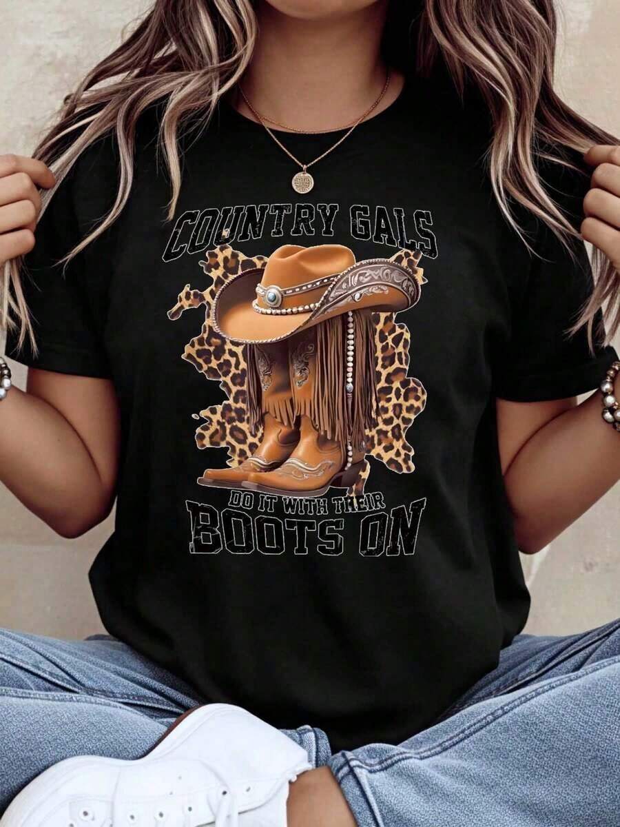 ropa de mujer Country Gals Do It With Their Boots On Western Cowgirl T Shirt Women Casual Graphic Tee Leopard Print Cowboy Hat And Boots Design For Country Music Festival Outfit Summer Wear, camisas de mujer - Negro - Ver 1