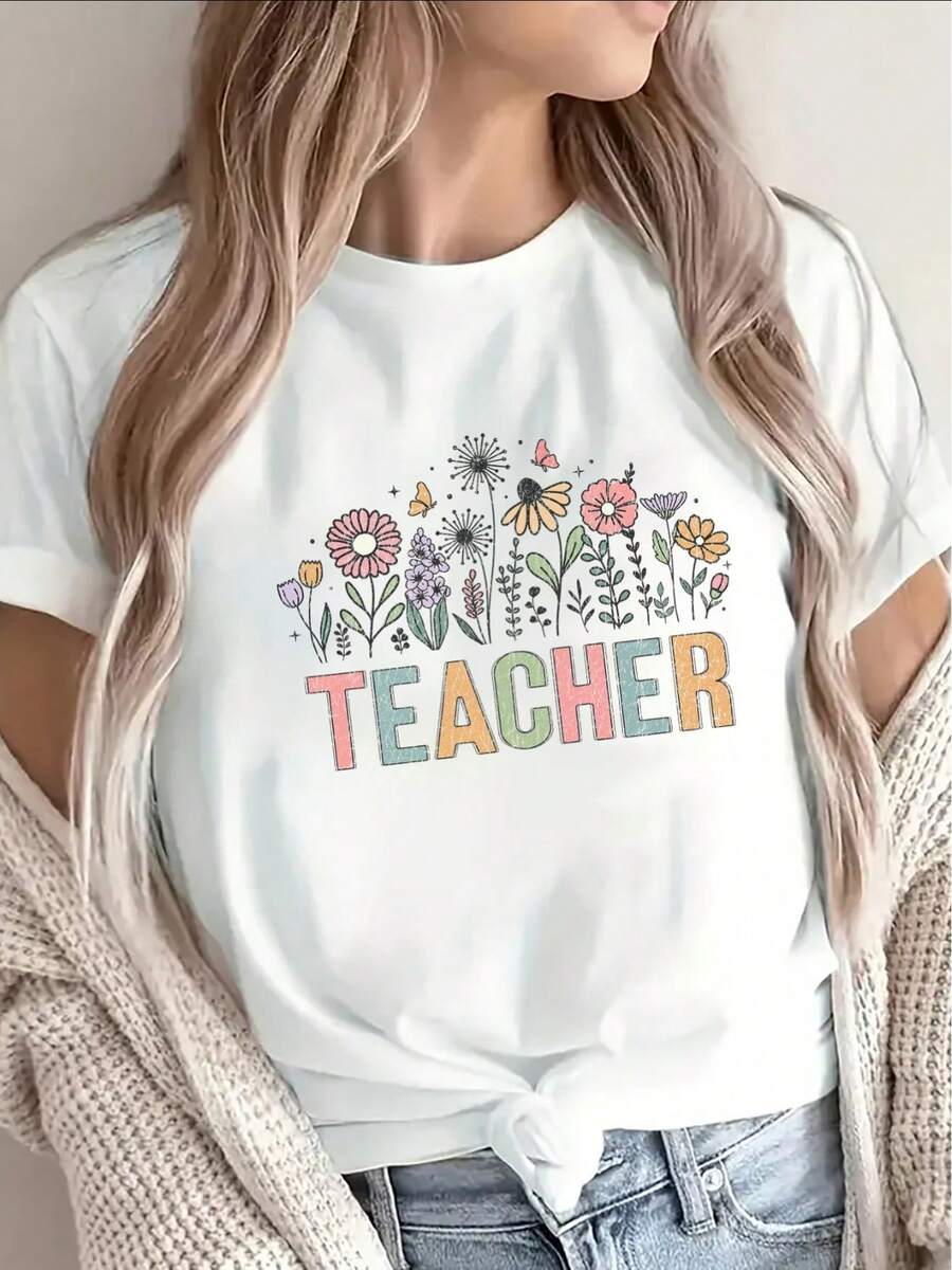 Camiseta de manga corta para mujer, diseño floral colorido con estampado de PROFESOR, base negra, estampado brillante, ropa casual, muy adecuada para trabajadores del sector educativo, tela ligera y cómoda. - Blanco - Ver 1