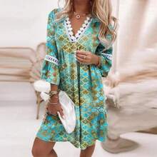 Vestido de mujer colorido con estampado boho, escote en V con volantes, mangas largas elásticas, corte holgado cómodo ideal para primavera y verano, estilo hippie casual perfecto para fiestas, vacaciones en la playa y eventos al aire libre - Verde - Ver 6