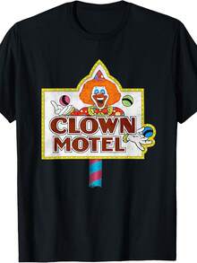 Clown Motel Funny Clowns NevA1DA Hotel T-Shirt. Unisex T-Shirt Made Of 220g Pure Cotton. Ideal Weight For All Seasons, Suitable For Both Men And Women. Durable, High-Quality Fabric, Soft To The Touch And Long-Lasting. Breathable Garment, Ideal For Autumn And Holidays. - 黑色 - 查看 1