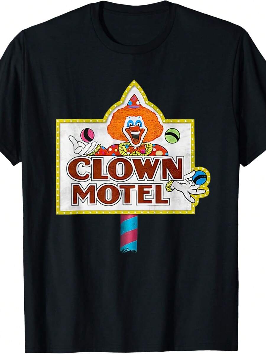 Clown Motel Funny Clowns NevA1DA Hotel T-Shirt. Unisex T-Shirt Made Of 220g Pure Cotton. Ideal Weight For All Seasons, Suitable For Both Men And Women. Durable, High-Quality Fabric, Soft To The Touch And Long-Lasting. Breathable Garment, Ideal For Autumn And Holidays. - 黑色 - 查看 1