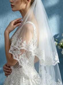 1pc White Lace Short Double-Layer Fingertip Length Wedding Veil With Metal Hair Comb - Multicolor - View 2