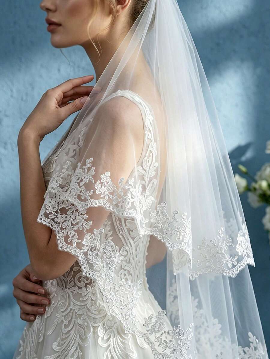 1pc White Lace Short Double-Layer Fingertip Length Wedding Veil With Metal Hair Comb