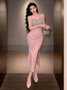 YHHDAZY Vestido de slip con abertura lateral a cuadros y bloque de color elegante para mujer, vestido de boda, vestido de fiesta, vestido largoYHH - Rosa - Ver 2