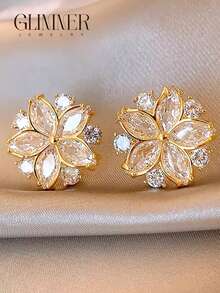 1 Pair Fashionable Luxury Delicate Glass Flower Design Elegant Earrings, Suitable For Parties, Banquets, Gatherings, Suitable For Teenagers - Gold - View 1