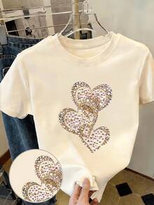 [Circle]Women's Casual T-Shirt, Pink Diamond Heart Print T-Shirt, Sweet And Understated Luxury Style, Gift, Casual Round Neck Top, Breathable, Lightweight And Comfortable, Suitable For Spring And Summer Wardrobes - Unisex Urban Style Vintage T-Shirt, Loose Fit, Cotton, Short Sleeve And Round Neck - 杏色 - 查看 6