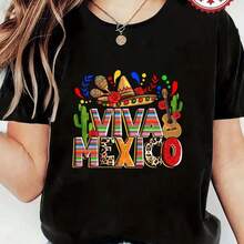 1 blusa para mujer, ropa elegante para mujer, conjuntos para mujer, camiseta Viva México, algodón, diseño estampado mexicano en camiseta para fiesta, algodón de alta calidad, cuello redondo, corte holgado, básico unisex, transpirable, versátil, lavable a máquina, cómoda, talla S 3XL, uso diario casual, esencial para deportes, imprescindible para el verano. - negro - Ver 1