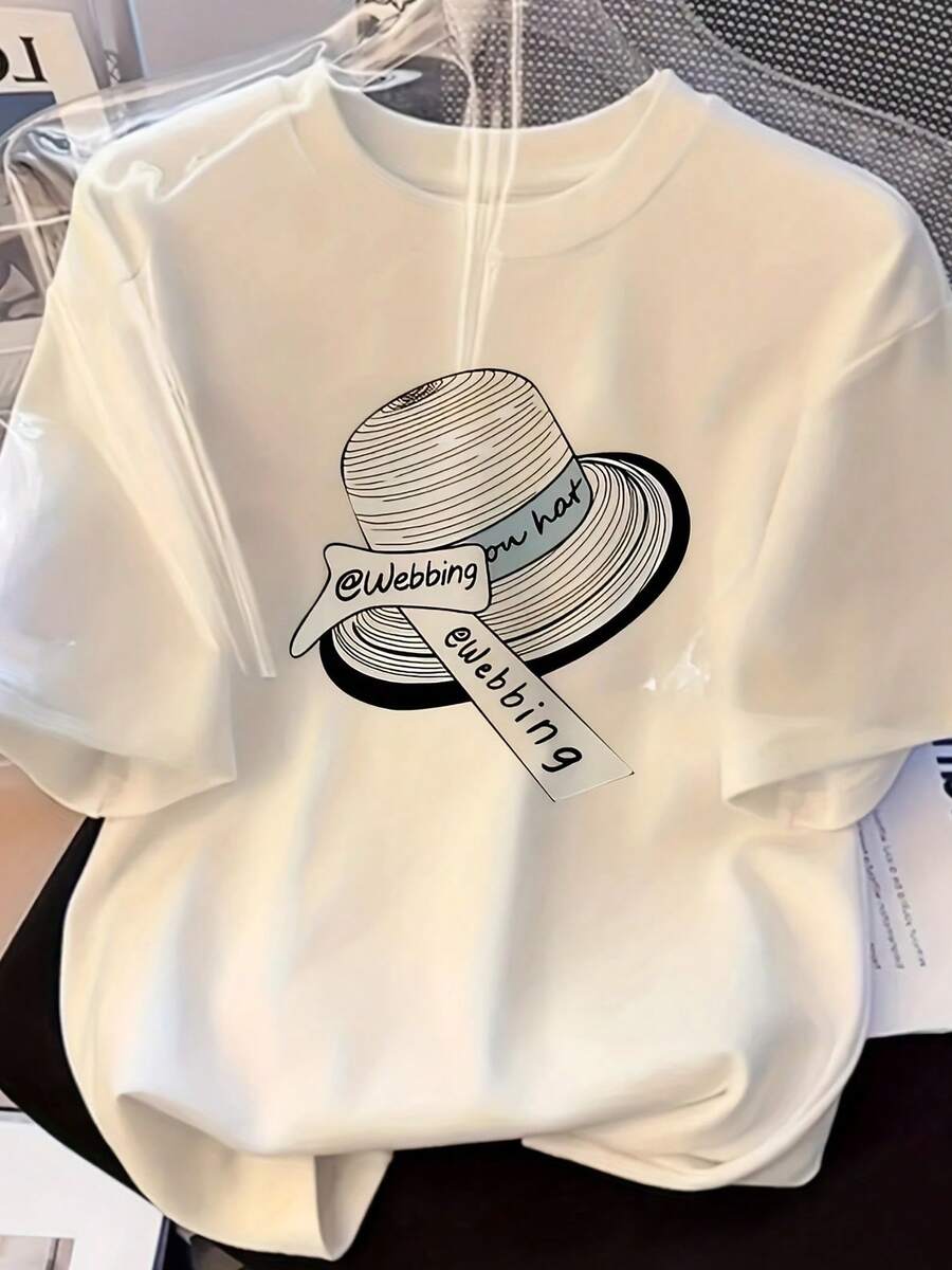 Soft 100% Cotton Women's T-Shirt, Elegant, Short-Sleeved, With Hat Print - Soft And Breathable Polyester Fabric, Perfect For Casual Summer Wear - Beige Color, Relaxed Fit Design - Breathable Cotton T-Shirt, Goes With Everything. - 白色 - 查看 1