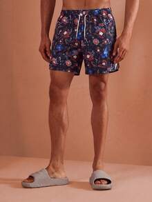 男士油畫風花卉印花抽繩夏季休閒沙灘短褲 - 彩色 - 查看 8