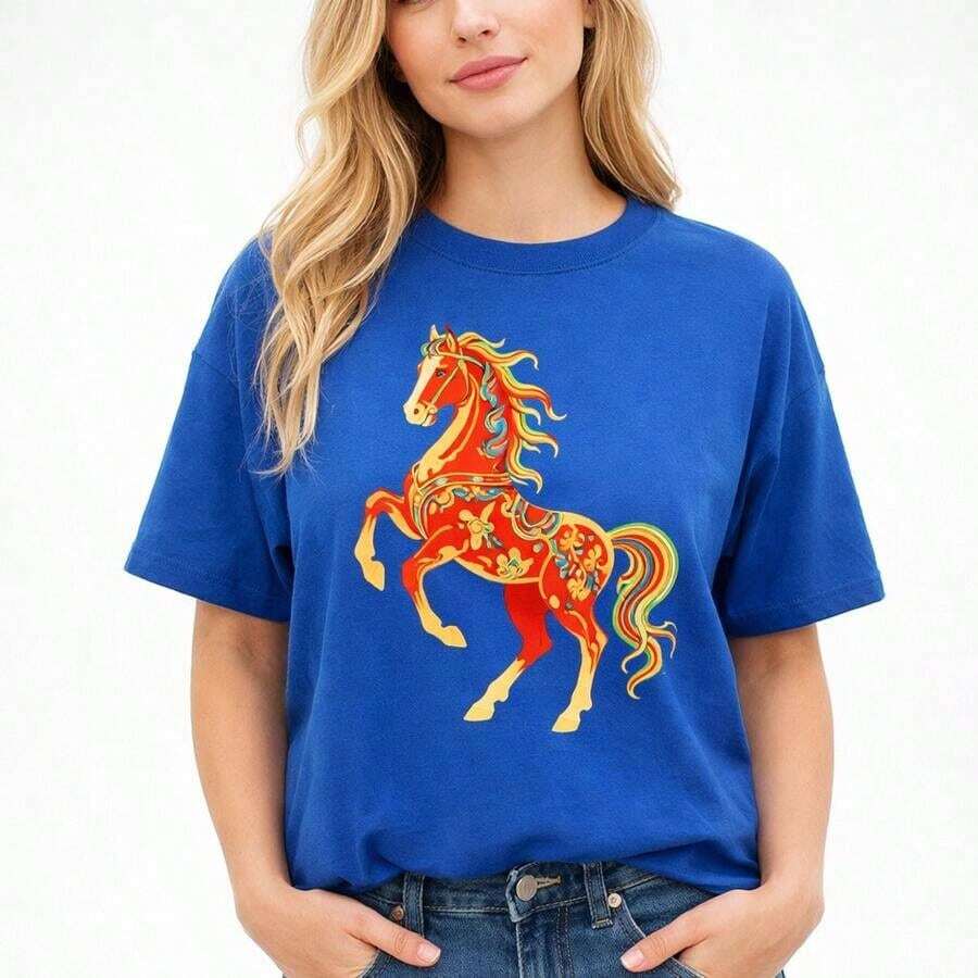 Camiseta de algodón casual para mujer, corte holgado, con estampado de caballos coloridos, top casual de manga corta de gran tamaño, camiseta básica suave y cómoda, camiseta con estampado de animales para uso diario. - Azul - Ver 1
