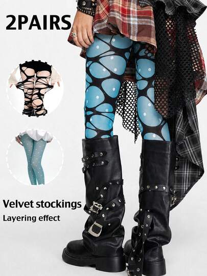 Women's 2 Pairs Tights Set: Light Blue Polka Dot & Black Punk Ripped Fishnet For Party Festival