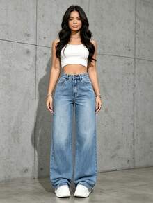 Pantalones vaqueros anchos sueltos y versátiles de mujer con diseño de bolsillos - 2022 - Ver 5