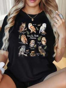 Camiseta de Mujer con Cuello Redondo y Mangas Cortas, Estampado Divertido de Búhos de Norteamérica, Camiseta Negra con Estampado de Búho, Diseño Gráfico de Animales Salvajes, Estilo Casual, Ideal para el Día de San Valentín, Navidad, Fiestas, Actividades Deportivas, Vacaciones, Salidas, Deportes y Otros Regalos Festivos. Camiseta unisex de algodón de manga corta y cuello redondo, estilo vintage urbano, holgada. Blusas para mujer. blusas.blusas casuales para dama. - Negro - Ver 4