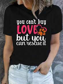 Camiseta con Lema de Adopción de Perros Rescatados - Diseño de Huella de Pata y Corazón con la Frase "Puedes salvarlo", Estilo Y2K, Camiseta de Mezcla de Poliéster y Spandex Elástico, Top Casual de Manga Corta y Cuello Redondo para Amantes de las Mascotas, Ropa de Concientización sobre el Rescate y la Adopción de Animales, Camiseta para Mujer - Negro - Ver 7