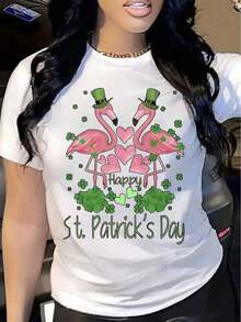 Camiseta Casual de Manga Corta para Vacaciones de Verano para MujerCamiseta de manga corta con cuello redondo estampada para mujer, estilo nuevo de primavera/verano, con estampado de dos flamencos enamorados para el Día de San Patricio. Ideal como regalo de primavera/verano para hermanas y esposas. - Blanco - Ver 1