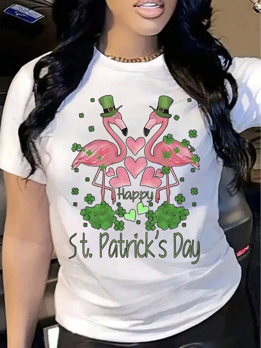 Camiseta Casual de Manga Corta para Vacaciones de Verano para MujerCamiseta de manga corta con cuello redondo estampada para mujer, estilo nuevo de primavera/verano, con estampado de dos flamencos enamorados para el Día de San Patricio. Ideal como regalo de primavera/verano para hermanas y esposas. - Blanco - Ver 1