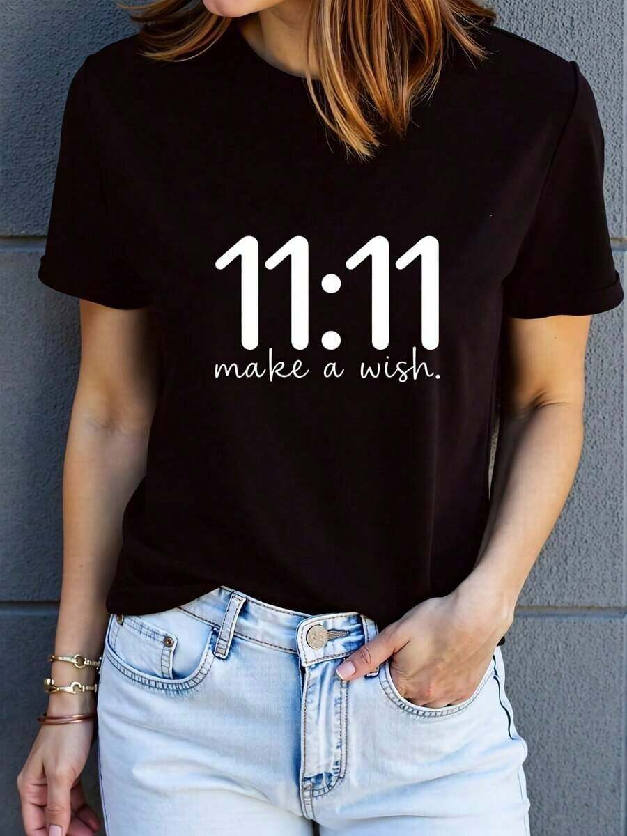 Camiseta De Mujer Con Estampado 11 11 - Suave Y Transpirable, Secado RáPido, Top Deportivo Casual Con DiseñO Del NúMero 11 11 Y Texto 'Wish' - MarróN Con Negro, Ideal Para Uso Casual, Gimnasio Y AñO Nuevo - Negro - Ver 1