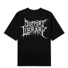 Camiseta Unisex de Algodón con Estampado Gótico 'Death', Estilo 'Apoya a Tu Biblioteca Local', Vintage Desgastado - Negro - Ver 1