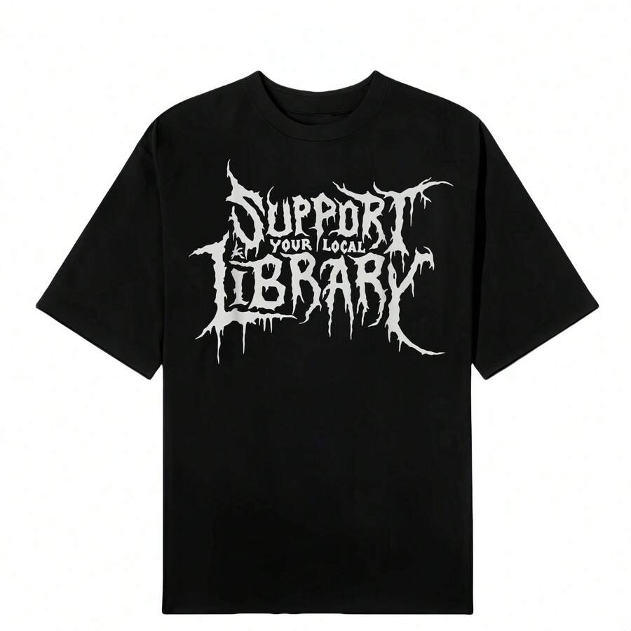 Camiseta Unisex de Algodón con Estampado Gótico 'Death', Estilo 'Apoya a Tu Biblioteca Local', Vintage Desgastado - Negro - Ver 1