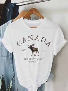 Camiseta Casual Esencial CANADA THE GREAT WHITE NORTH con Estampado de Texto para Mujer, Cuello Redondo, Manga Corta, Primavera Verano, Algodón Suave, Uso Diario de Verano - Blanco - Ver 1