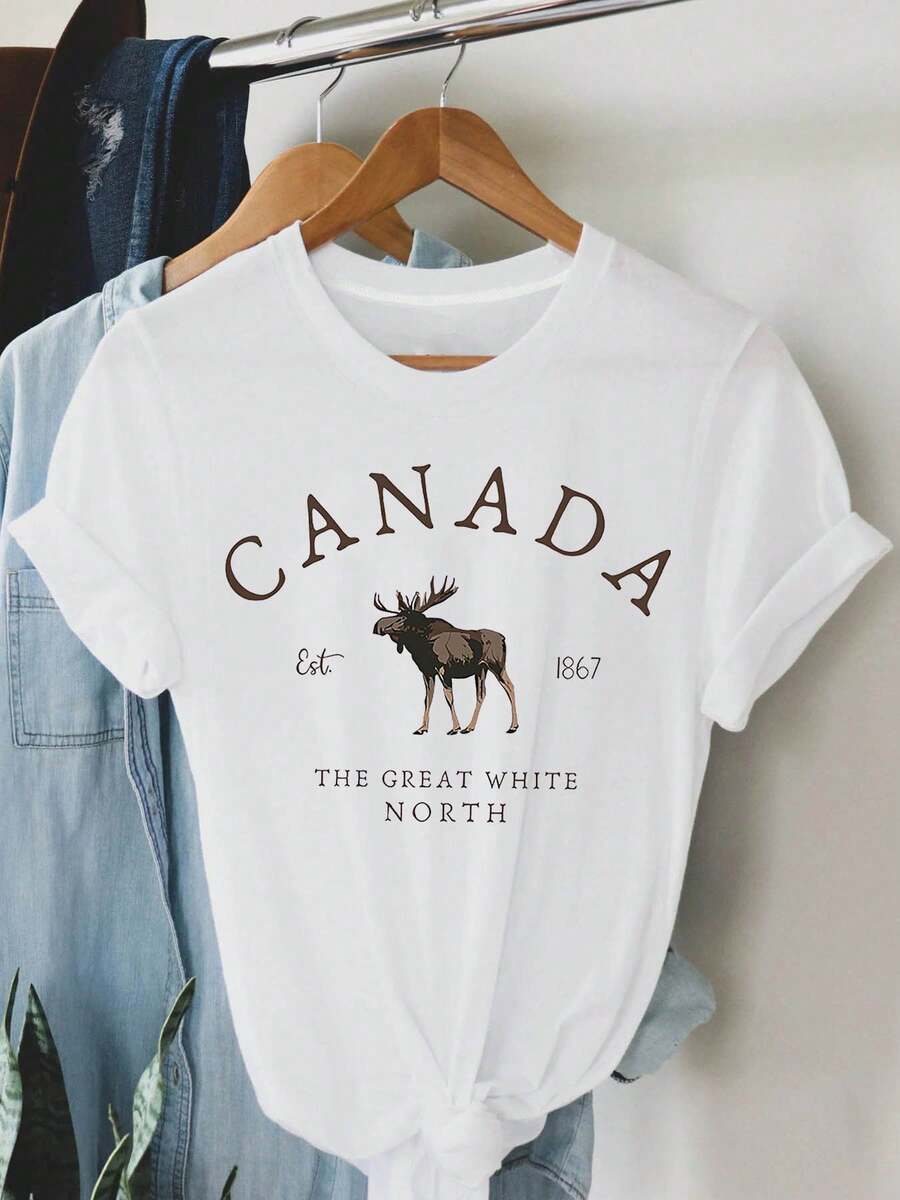Camiseta Casual Esencial CANADA THE GREAT WHITE NORTH con Estampado de Texto para Mujer, Cuello Redondo, Manga Corta, Primavera Verano, Algodón Suave, Uso Diario de Verano - Blanco - Ver 1