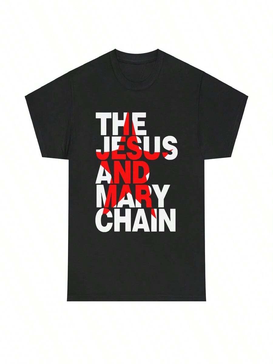 Camiseta conmemorativa de gira retro, estampada con el patrón de la cadena de Jesús y María, de algodón puro de alta calidad, estilo rock. - Negro - Ver 1
