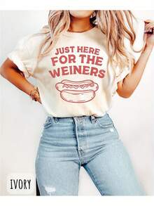 Camiseta unisex divertida con estampado "Vine sólo por los hot dogs" - Diseño informal para el 4 de julio, Día de la Independencia, manga corta, color beige claro con estampado rojo, cuello redondo estándar, lavable a máquina, ideal para primavera, verano y otoño, tela ligera y cómoda, diseño divertido, ropa festiva, imprescindible para los amantes del humor. - Blanco - Ver 8