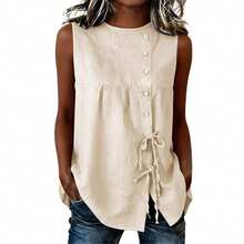 Women's Sleeveless Button-Up Cover-Up, Casual Drawstring Tied Detail Sleeveless Button-Up Top, Round-Neck Leisure Waist-Cinching Cover-Up, With Side Drawstring Ties And Pockets, Suitable For Summer - Light Brown - View 12