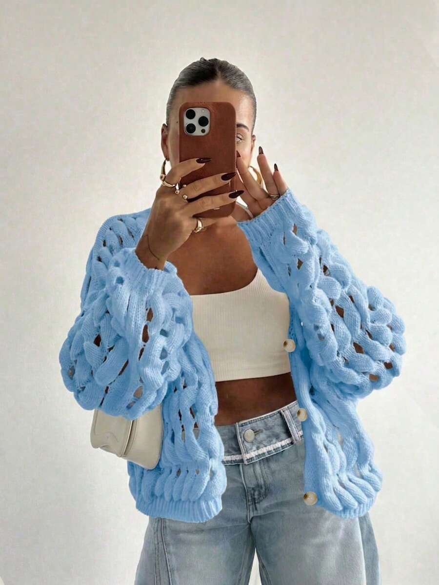 Spring/Summer New Women Knitted Cardigan, Casual Street Style, Hollow-Out Design With Button, Long Sleeve Solid Color Jacket With Unique Design
