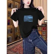 Camiseta de mujer de manga corta de algodón puro, modelo 2026, con diseño elegante, versátil top azul marino de cuello redondo, camisetas de verano de cuello redondo, camisetas cómodas de corte holgado, camisetas a la moda. - Negro - Ver 3