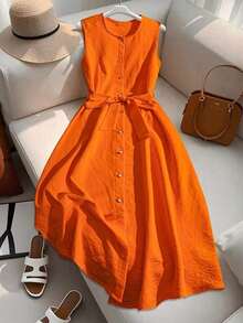 Vestido estilo francés de media pierna sin mangas de alta gama color naranja para mujer - Naranja - Ver 3