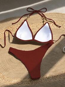 Bañador bikini triángulo halter con diseño de perla - Rojo 2 - Ver 2