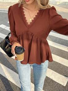 de manga larga con cuello en V, unicolor, con volantes y parches de encaje para el verano - Rojo - Ver 5