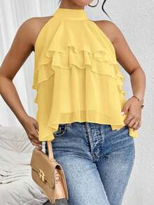 Blusa de gasa con volantes asimétricos y cuello suelto - Amarillo - Ver 4