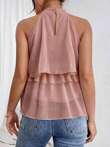 Blusa de gasa con volantes asimétricos y cuello suelto - Rosa vieja - Ver 2
