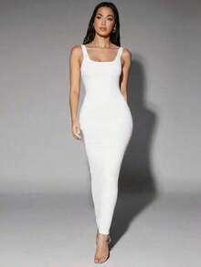 Vestido de tirantes de cuello redondo liso - Blanco - Ver 8
