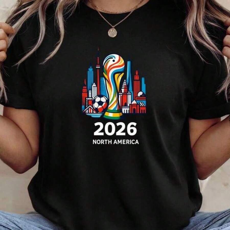 Camiseta de la Copa Mundial 2026, Camiseta de Fútbol de EE. UU., Canadá y México, Camiseta para Fanáticos del Fútbol, Camiseta con Gráficos de Fútbol 2026 - Negro - Ver 1
