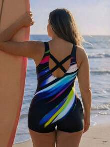 Traje de baño de una pieza con estampado sin mangas para mujer de talla grande, traje de baño casual para vacaciones - Negro - Ver 2