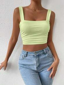 Top Cami Ajustado de Pliegues unicolor y Corto para el Verano - Verde - Ver 5