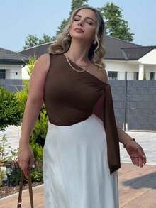 Blusa elegante de mujer con cuello asimétrico y hombro oblicuo con lazo, adecuada para uso diario, citas, salidas, discoteca, fiestas y reuniones - Café integral - Ver 7
