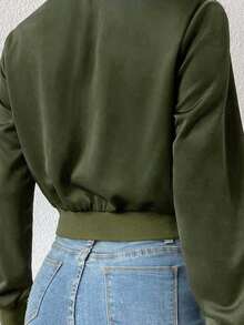 Chaqueta bomber corta con cremallera de color liso, chaqueta ligera de mujer de uso casual para primavera/otoño con manga regular, cuello tipo béisbol y ajuste regular en color negro liso - Verde militar - Ver 7