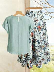 2 piezas Conjunto de top casual de unicolor + falda con estampado geométrico blanco y negro para vacaciones de mujer, Conjunto de ropa de verano para mujer, Conjunto de falda y top de verano, Conjunto de falda y top de mujer, Conjunto de falda - Azul - Ver 2