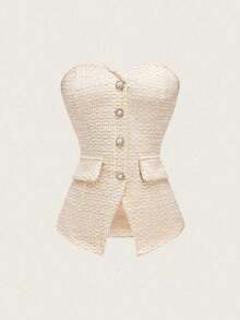 Top corto ajustado de verano para mujer con textura rosa, con detalle de botón de perla - Caqui - Ver 1