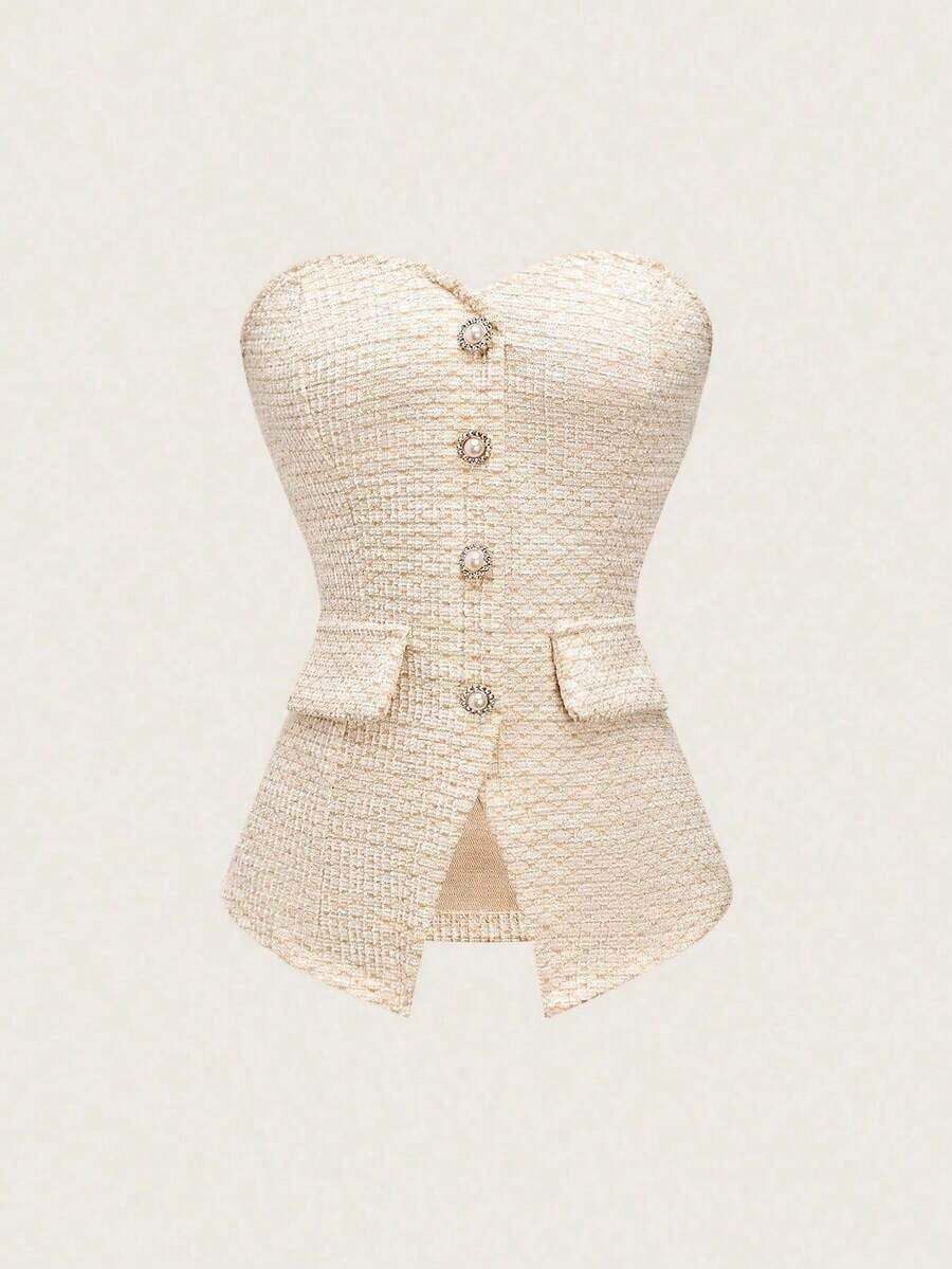 Top corto ajustado de verano para mujer con textura rosa, con detalle de botón de perla - Caqui - Ver 1