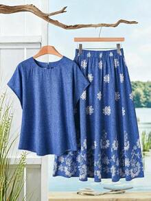2 piezas Conjunto de top casual de unicolor + falda con estampado geométrico blanco y negro para vacaciones de mujer, Conjunto de ropa de verano para mujer, Conjunto de falda y top de verano, Conjunto de falda y top de mujer, Conjunto de falda - Azul 2 - Ver 6