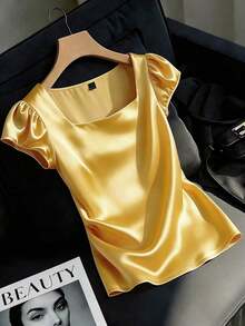 Blusa casual elegante de satén con cuello cuadrado francés, mangas de pétalos y pliegues, adecuada para ir al trabajo, uso diario, reuniones y fiestas, primavera/verano - Amarillo - Ver 7